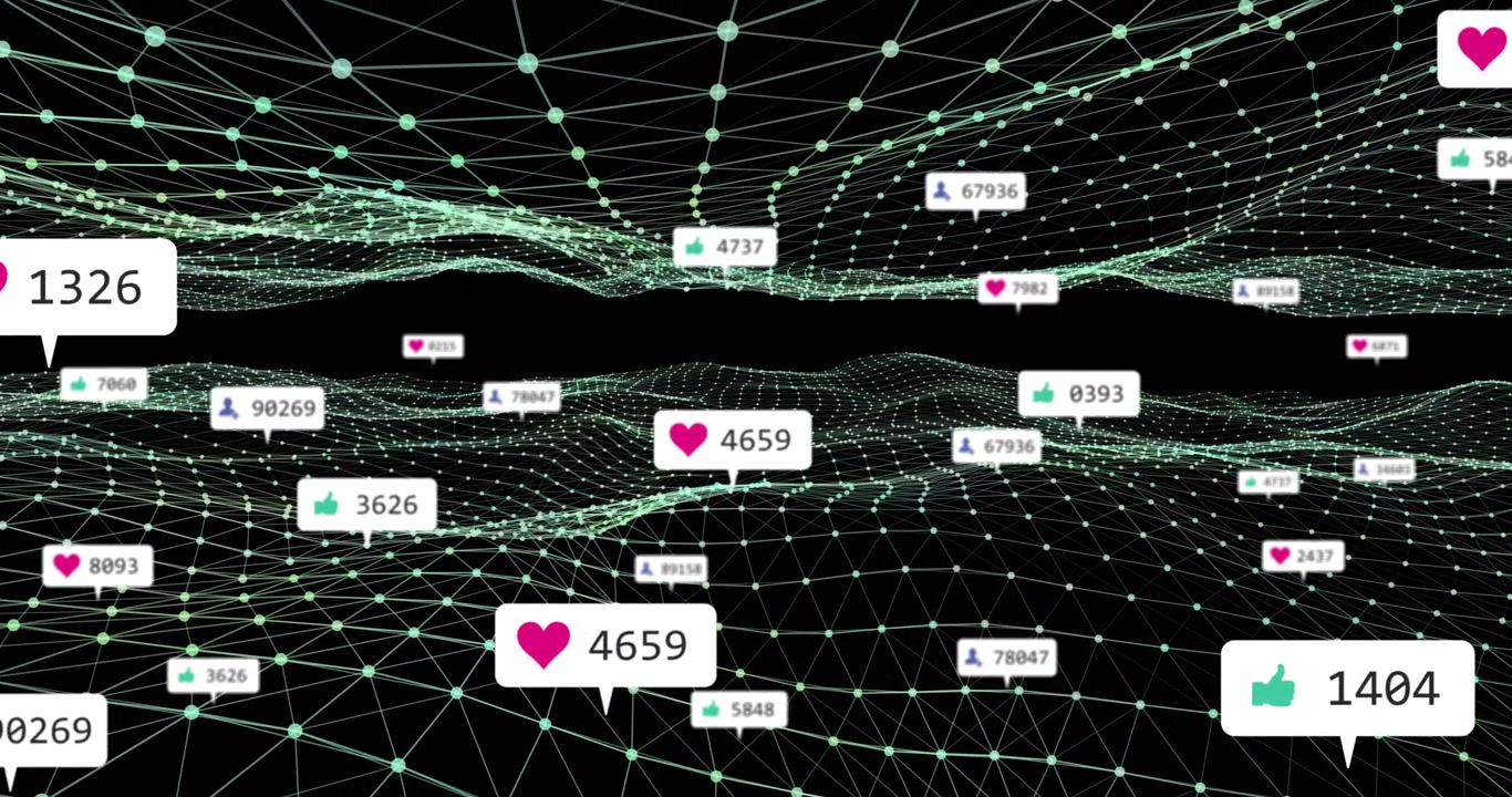 Engagement surge driving teal mesh rippling icons emerging clustering updating counts for marketing