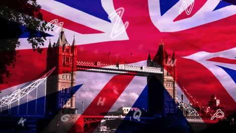 animation of letters and uk flag over cityscape