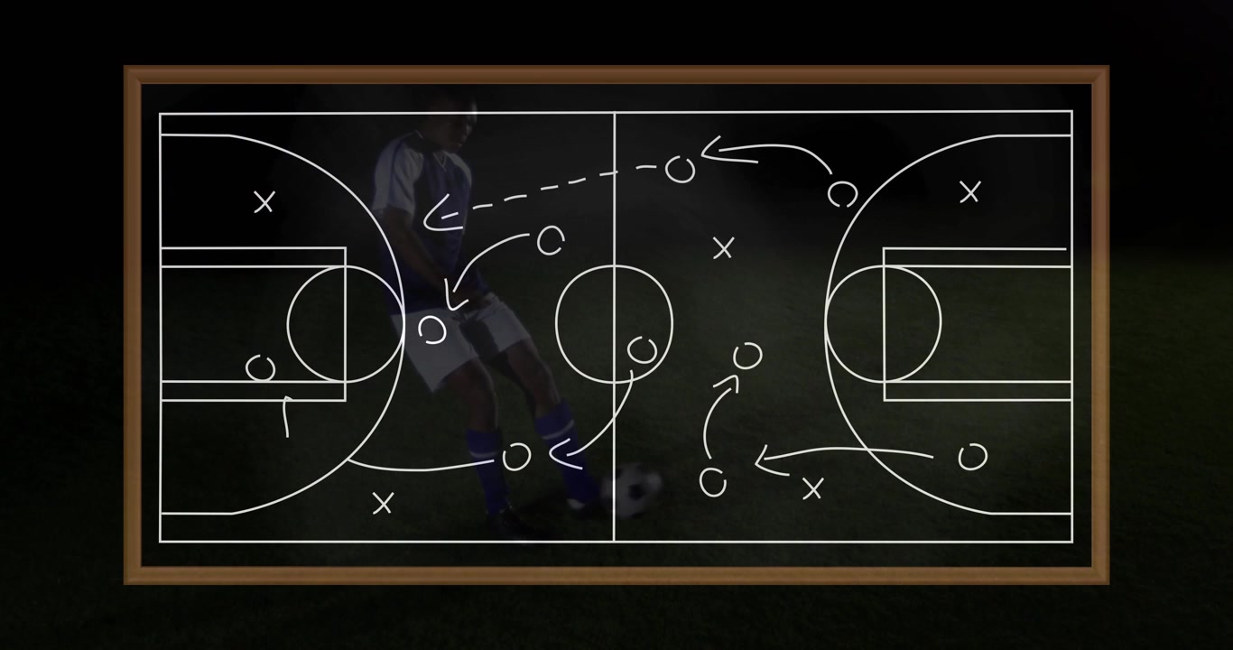 Framed soccer tactical overlay appearing and filling as player dribbling ball and preparing pass
