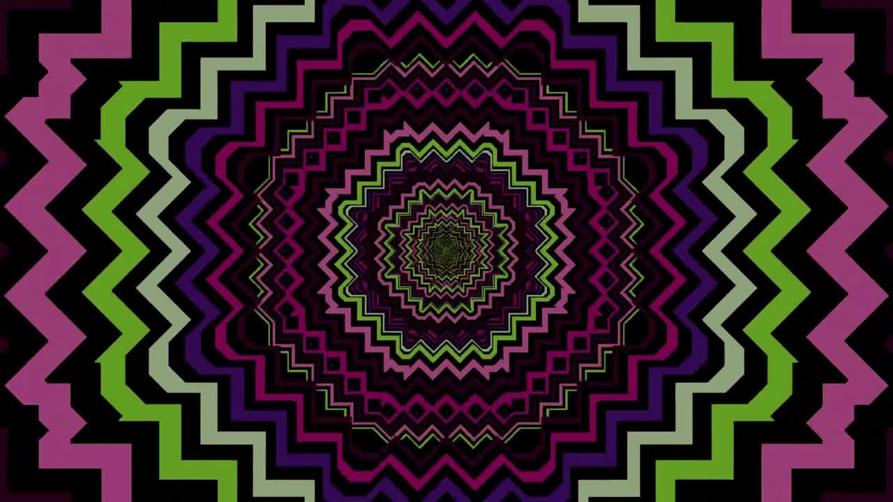 animación de mega venta en texto blanco sobre formas caleidoscópicas rosadas y verdes en movimiento