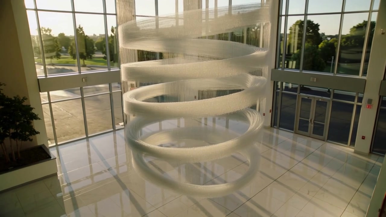 Escultura helicoidal fosca giratória no lobby do átrio, criando reflexos de luz em movimento no piso de azulejos.