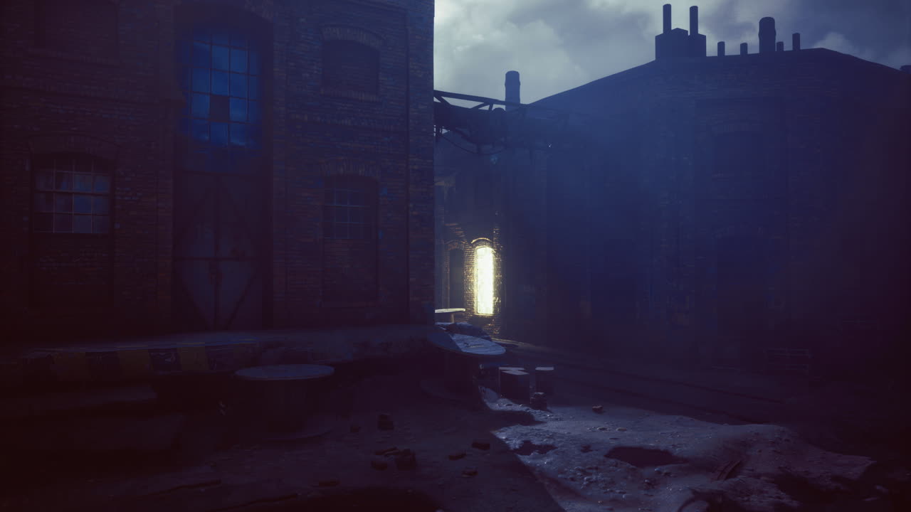 Mysterious glow illuminates abandoned alleyway at twilight