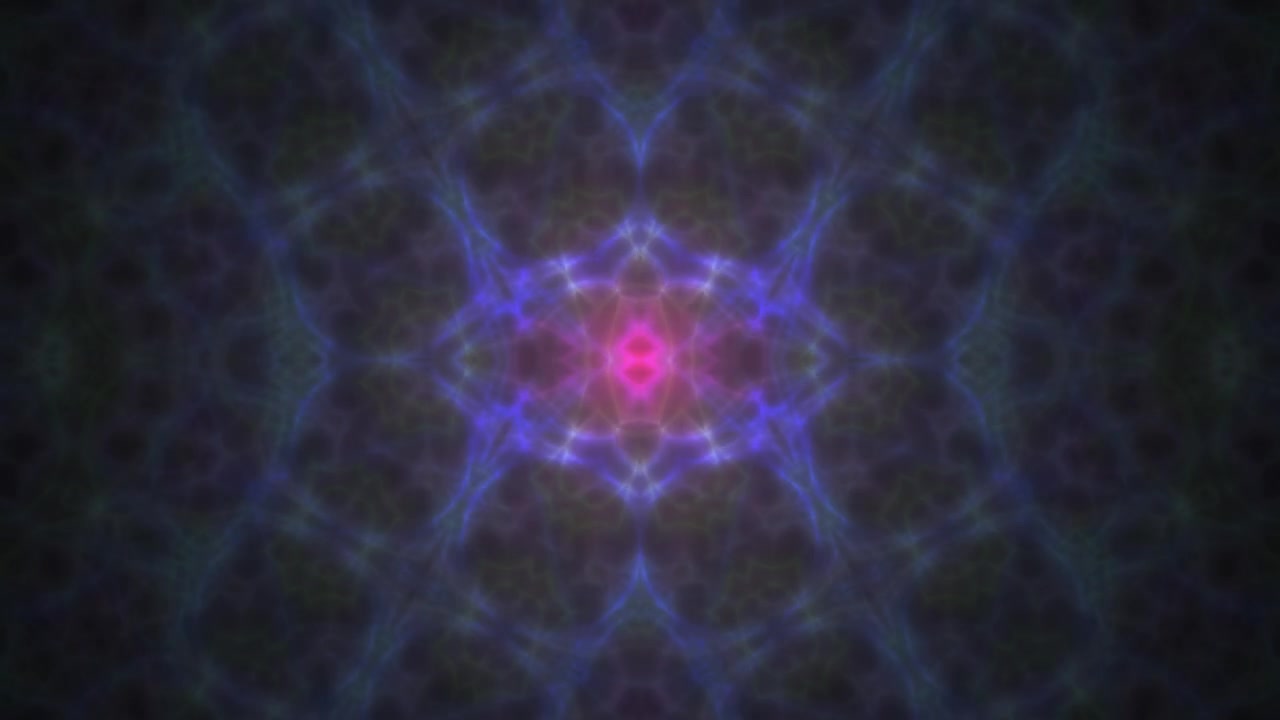 Motivo Astratto a Caleidoscopio in Evoluzione con Luci Viola e Blu Scintillanti
