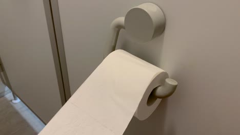 man's hand pulls toilet paper from a roll in a public toilet