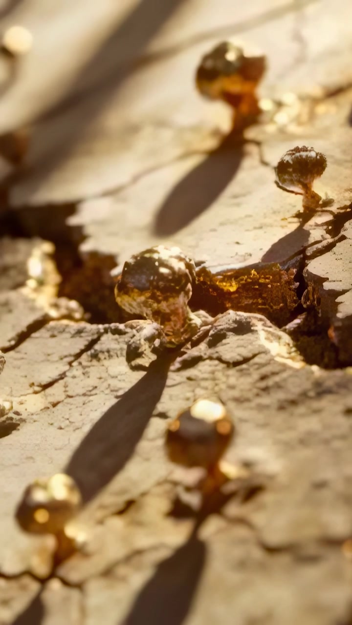 Vidéo verticale : Caméra en mouvement montrant une perle d'or centrale s'élevant d'une surface fissurée, révélant une soudure fondue.