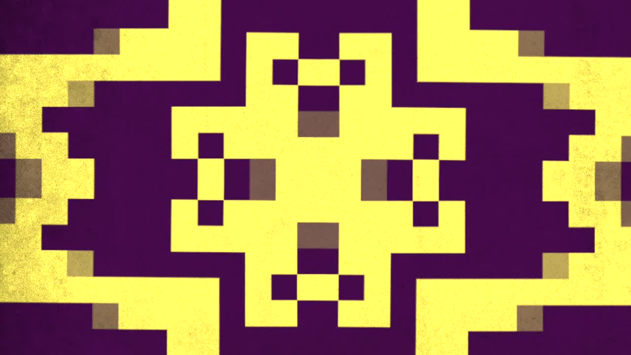 A pixel art cross made of small yellow squares against a purple background. The simplistic design portrays a visually striking and colorful image