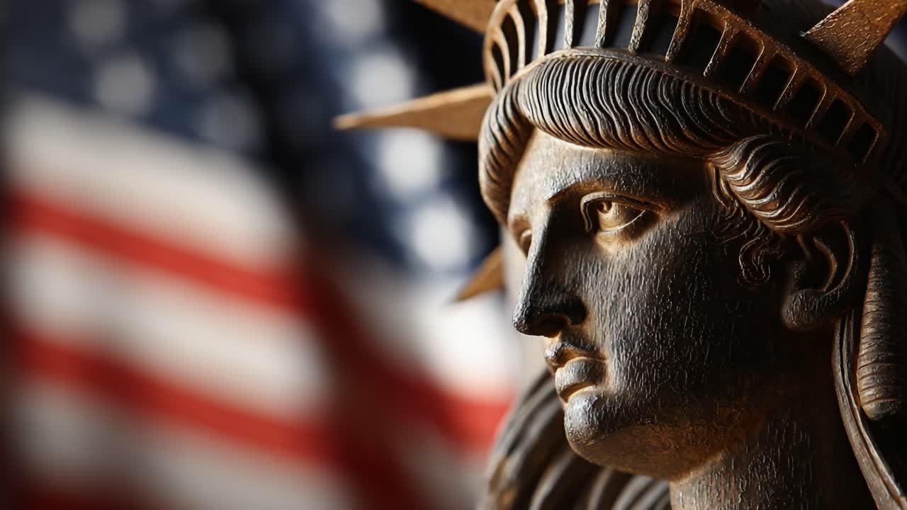 A Close-Up of a Symbolic Statue Representing Freedom and Liberty Against a Blurred American Flag Background, Capturing the Essence of National Identity and Pride