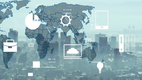 Animación-De-Múltiples-Iconos-Sobre-El-Mapa-Contra-El-Paisaje-Urbano-Moderno-Cubierto-De-Niebla-Contra-El-Cielo