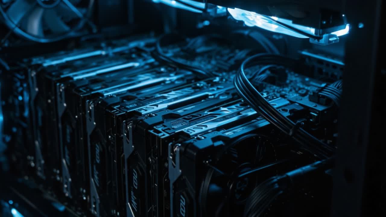 Advanced Computing Setup Featuring Multiple Graphics Cards Built for High-Performance Processing in a Sleek, Illuminated Case for Enhanced Visual Experience