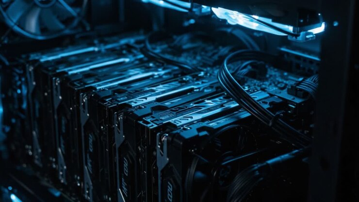 Advanced Computing Setup Featuring Multiple Graphics Cards Built for High-Performance Processing in a Sleek, Illuminated Case for Enhanced Visual Experience