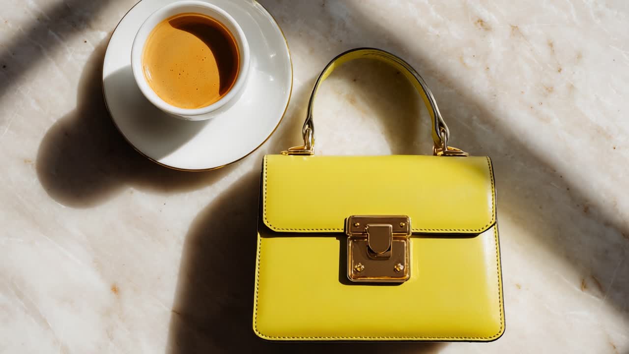 A Stylish Yellow Handbag Accompanied by a Cup of Coffee on a Marble Surface, Showcasing a Perfect Blend of Fashion and Comfort, Ideal for Daily Use or Special Occasions With Elegant Accessories