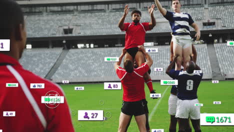 playing rugby, athletes engaging with social media animation of likes and followers