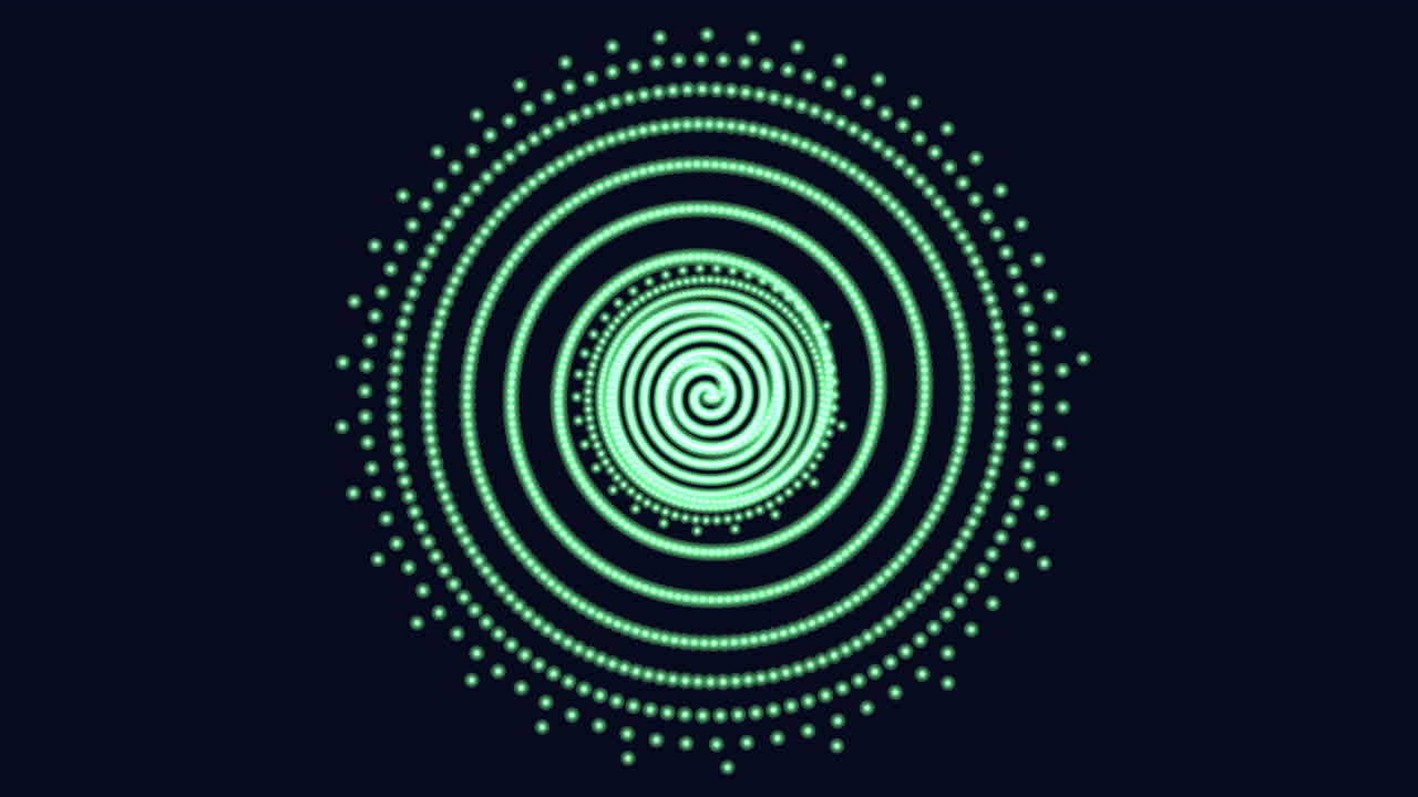 A mesmerizing circular spiral of glowing green dots presents a striking visual pattern in this image, captivating with its luminescent and intricate display