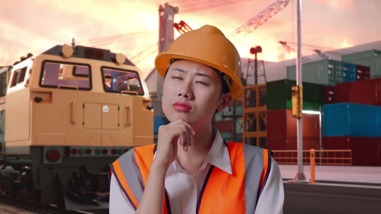 Close Up Of Asian Female Engineer With Safety Helmet Thinking About Something And Looking Around With Freight Cargo Train At Port