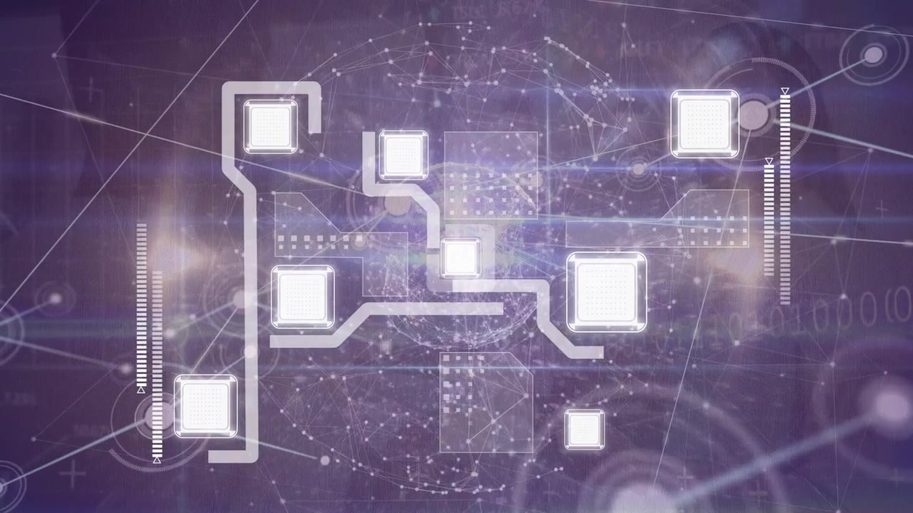 Animation of network of digital icons and globe of network of connections against purple background