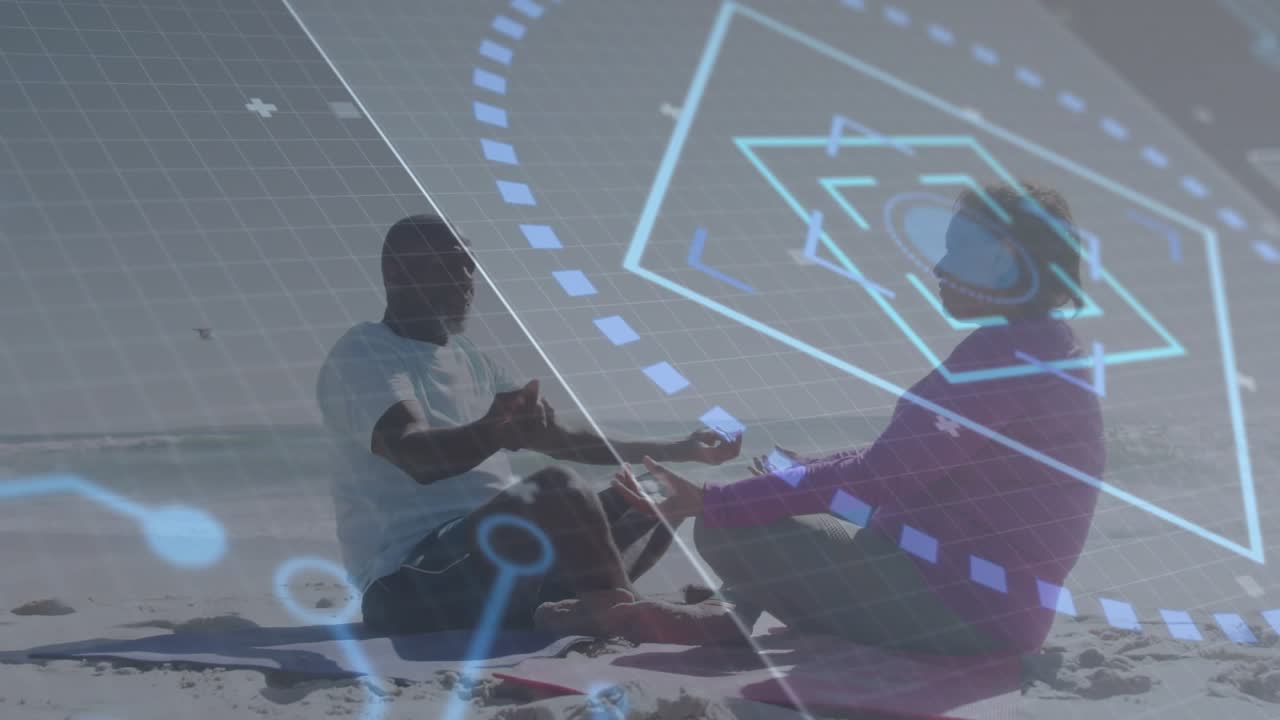 Pair spreading arms clasping-pressing hands on shoreline wellness overlaying hexagon network nodes