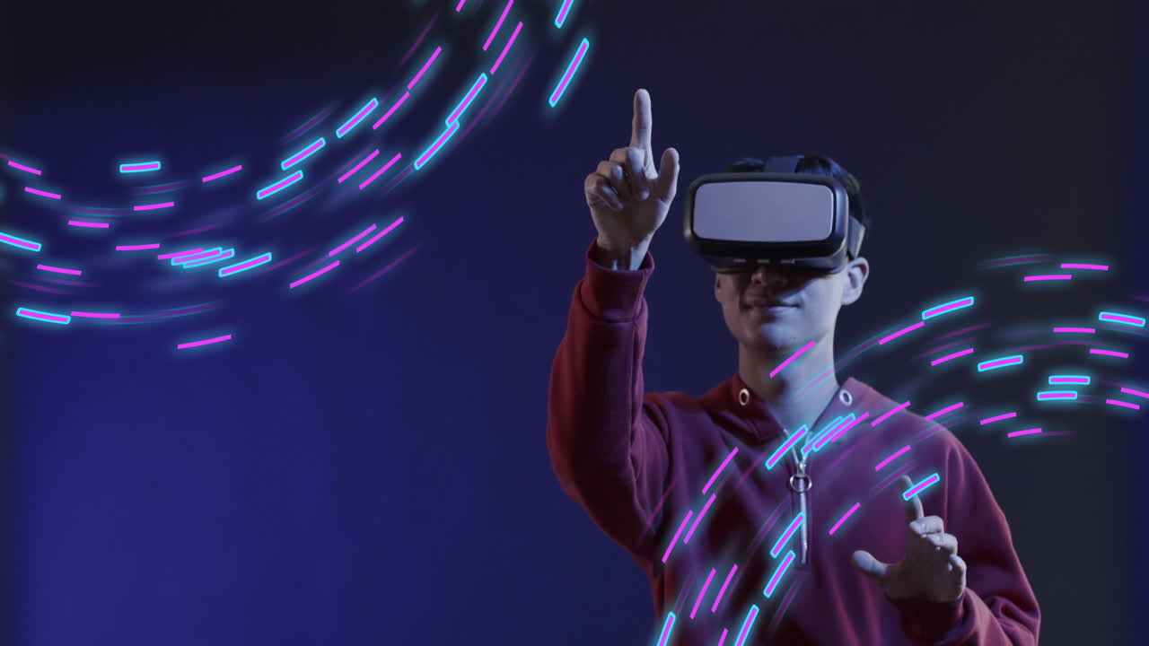 Animation of glowing light trails of data transfer over asian man using vr headset