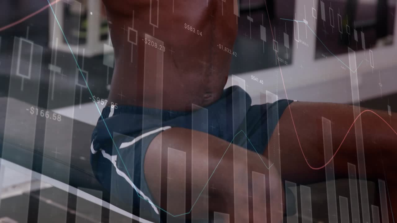 Male trainee starting seated press with dumbbells in gym, moving finance charts rising for strength