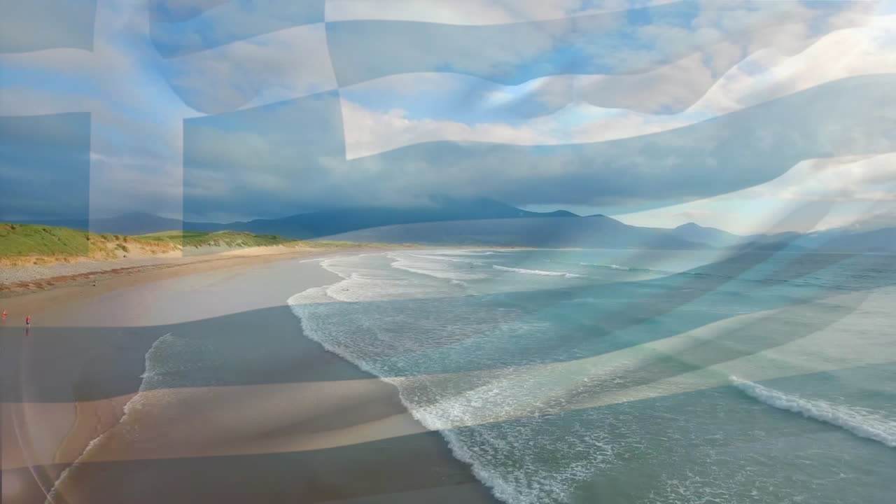 그리스  ⁇ 발이 바다의 파도에 대한 공중 사진에 반해 흔들리는 디지털 구성