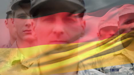 animation of flag of germany over diverse male soldiers