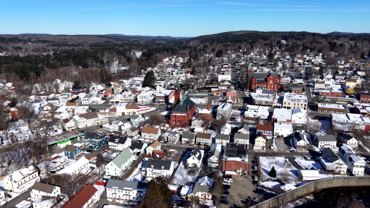 Aerial view of wintery Ware, Massachusetts, showing charming small-town vibe