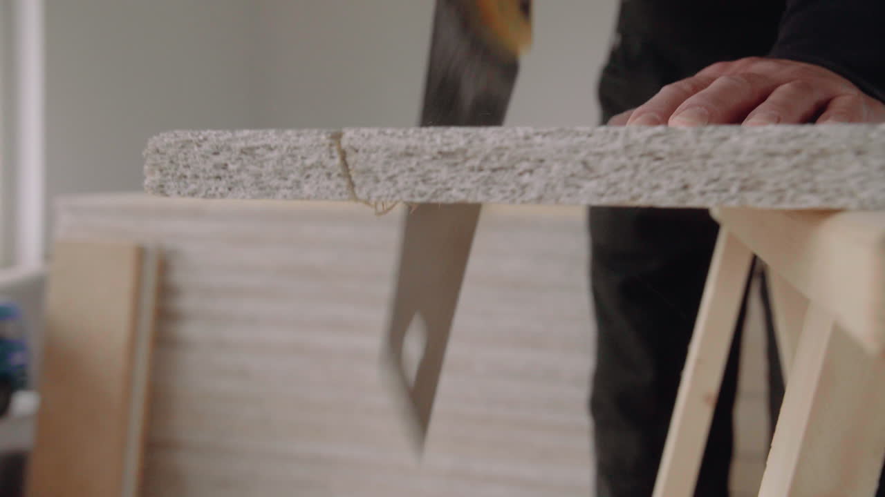 Hands of a Handyman using a handsaw to cut an acoustic panel for the ceiling House Renovation DIY 4K