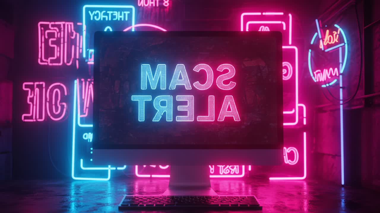 A Digital Warning: A Vibrant Neon Display of a Computer Screen with a Scam Alert Message, Surrounded by Eye-Catching Neon Signage in a Dark Environment