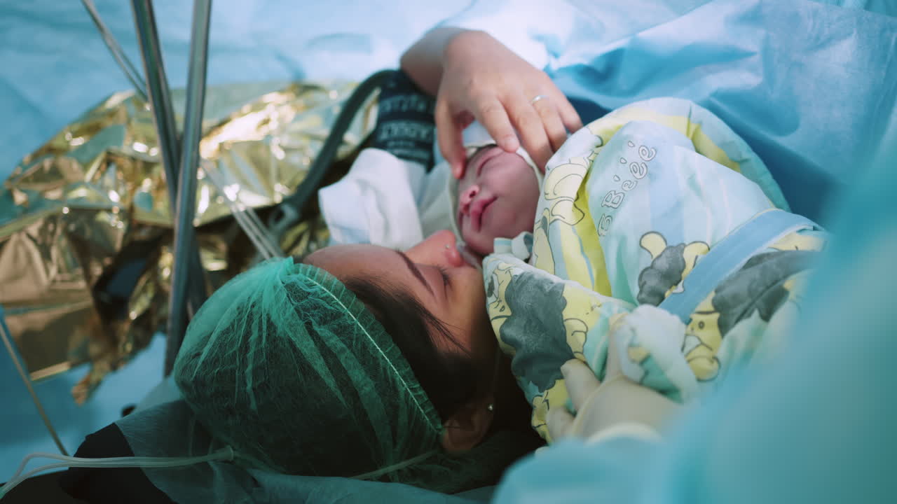 madre sosteniendo al recién nacido después de la cesárea