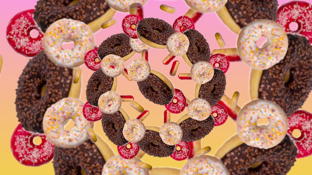 도의 칼레도스코프의 루프가 움직일 수 있는 배경 - 분홍색-노란색 배경의 중심에서 움직이는 도의 추상적인 다채로운 애니메이션 - 무결한 루프 - 베이커리 및 음식 개념