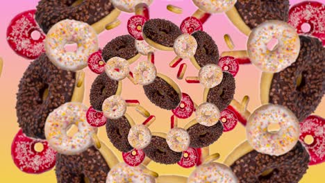 loopable motion background of kaleidoscope of donuts. abstract colorful animation of donuts moving from the center of pink-yellow background - seamless loop. bakery and food concept