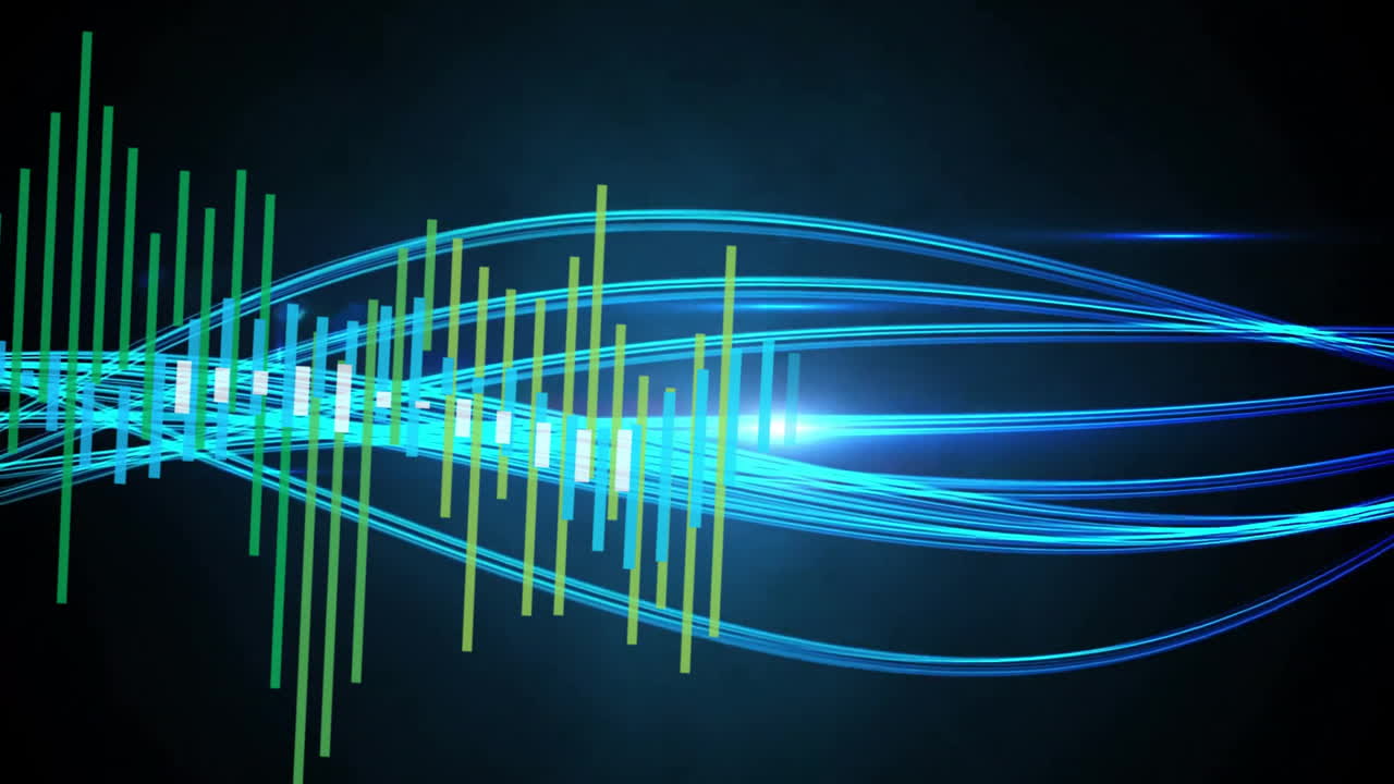 Blue and green light waves and bars, abstract animation of data visualization