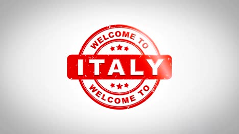 welcome to italy signed stamping text wooden stamp animation. red ink on clean white paper surface background with green matte background included.