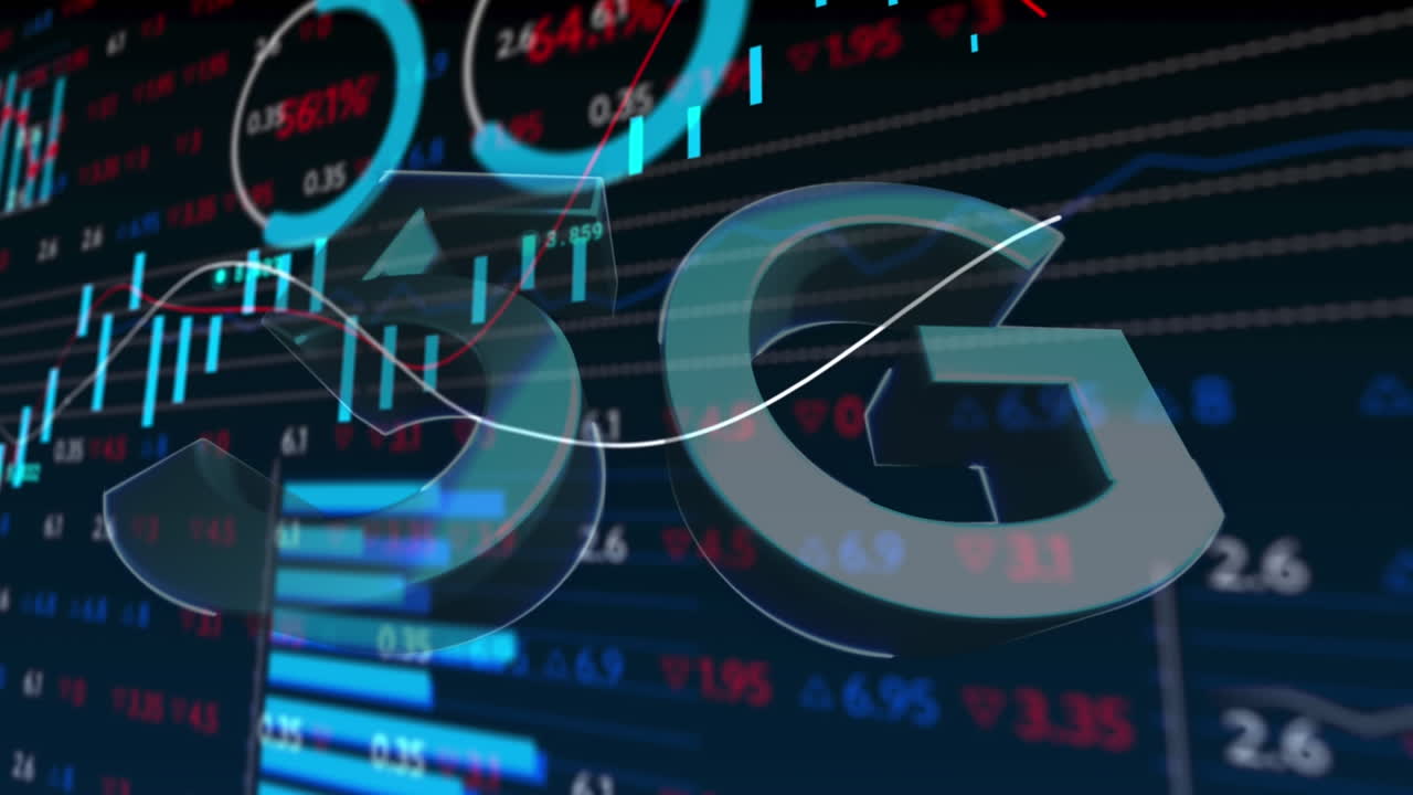 Animation of financial data and 5g over black background