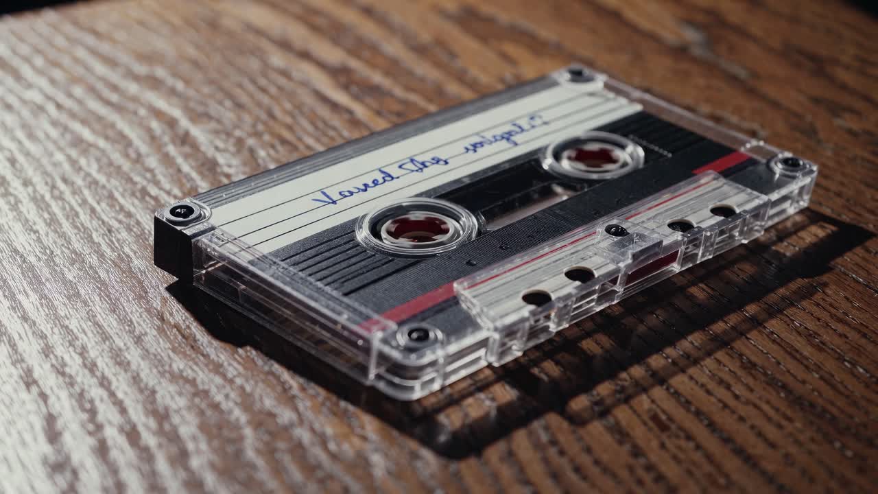 Primo piano, angolazione di una cassetta vintage su un tavolo di legno, che evoca nostalgia e stile retrò