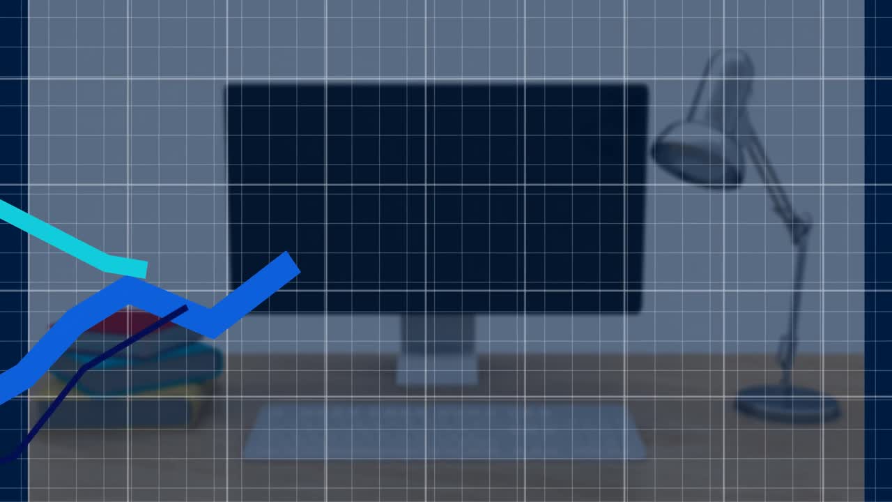 컴퓨터와 그리드 위에 파란 선으로 데이터 처리의 애니메이션