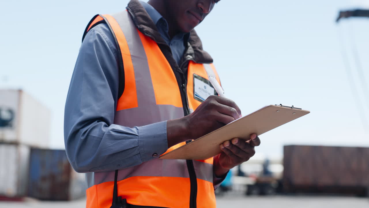 Man in Safety Vest Writing on Clipboard at Shipping Port