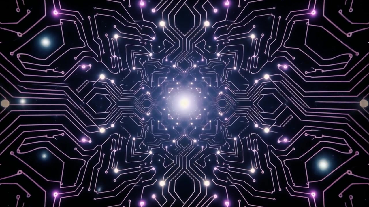 Abstract Digital Circuit Board Tunnel with Glowing Purple Lights