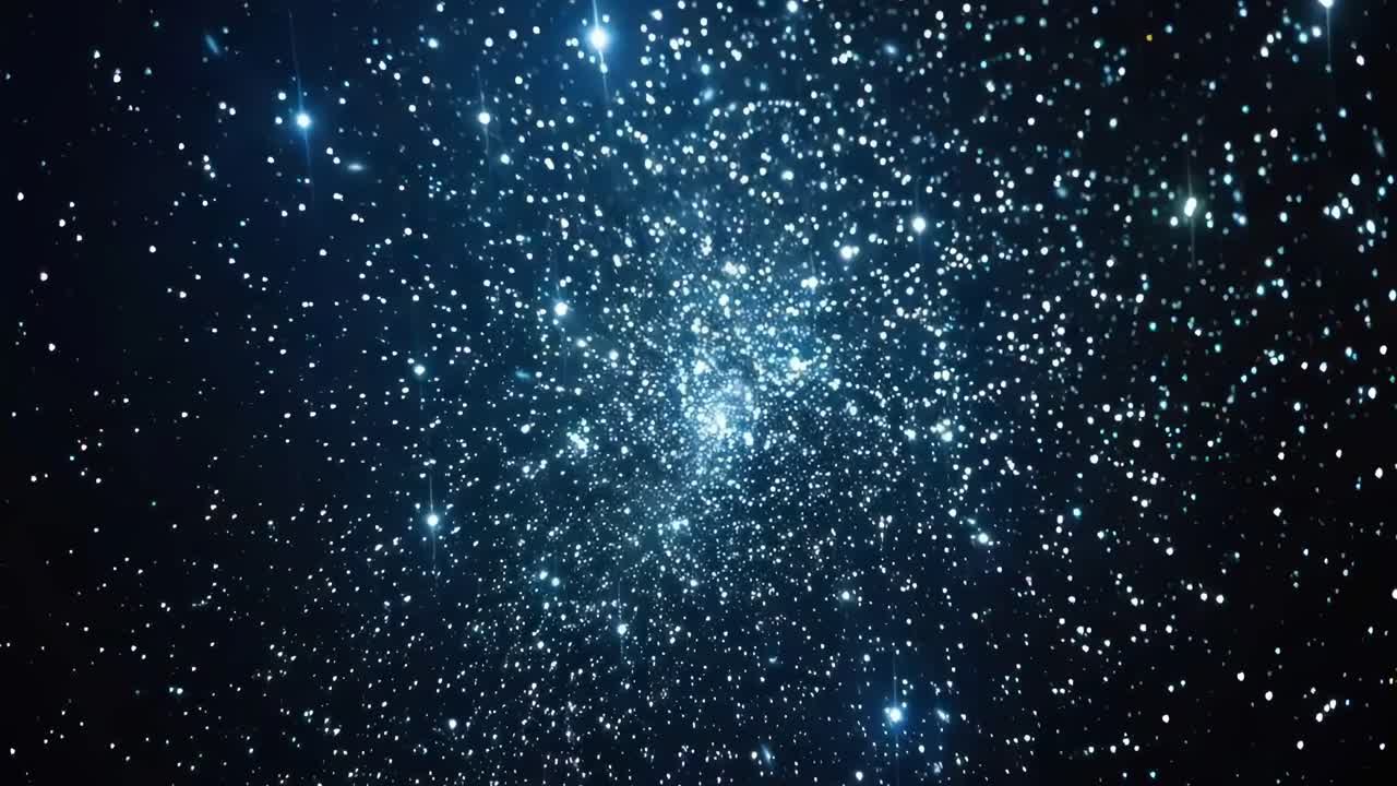 Een betoverende 4K-video van een sterrenhemel met een centraal gloeiende cluster, vastgelegd vanuit een groothoek