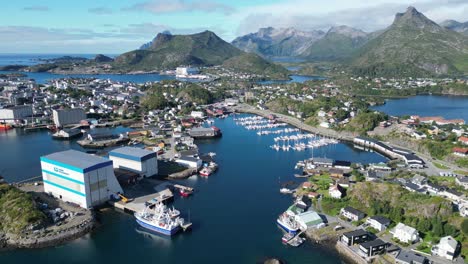 lofoten islands svolvaer village at summer in norway - aerial 4k circling