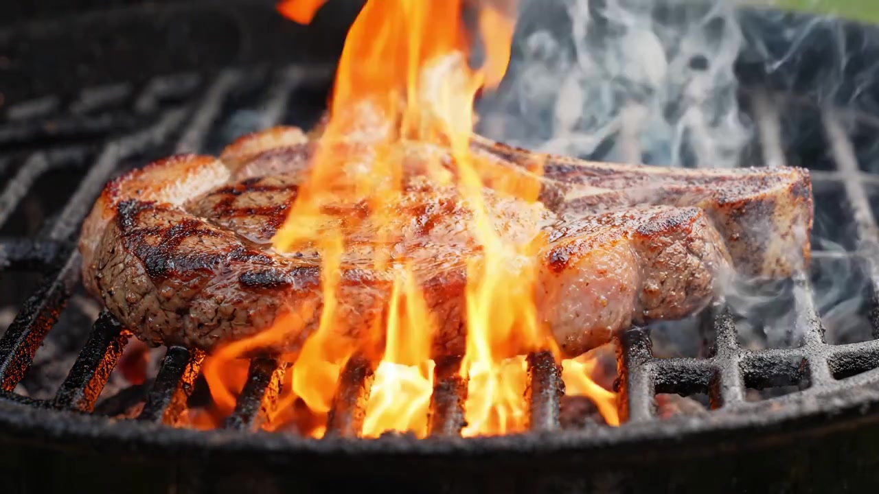Succulenta bistecca alla griglia sfrigola sulla brace, cotta alla perfezione con splendide striature e fumo aromatico che sale, una prelibatezza imperdibile per gli amanti della carne