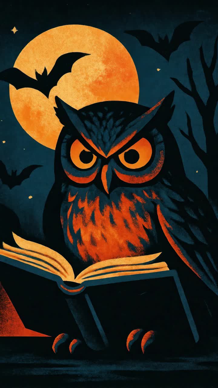 Illustration of an owl reading a book under a full moon with bats, in a spooky, vintage style