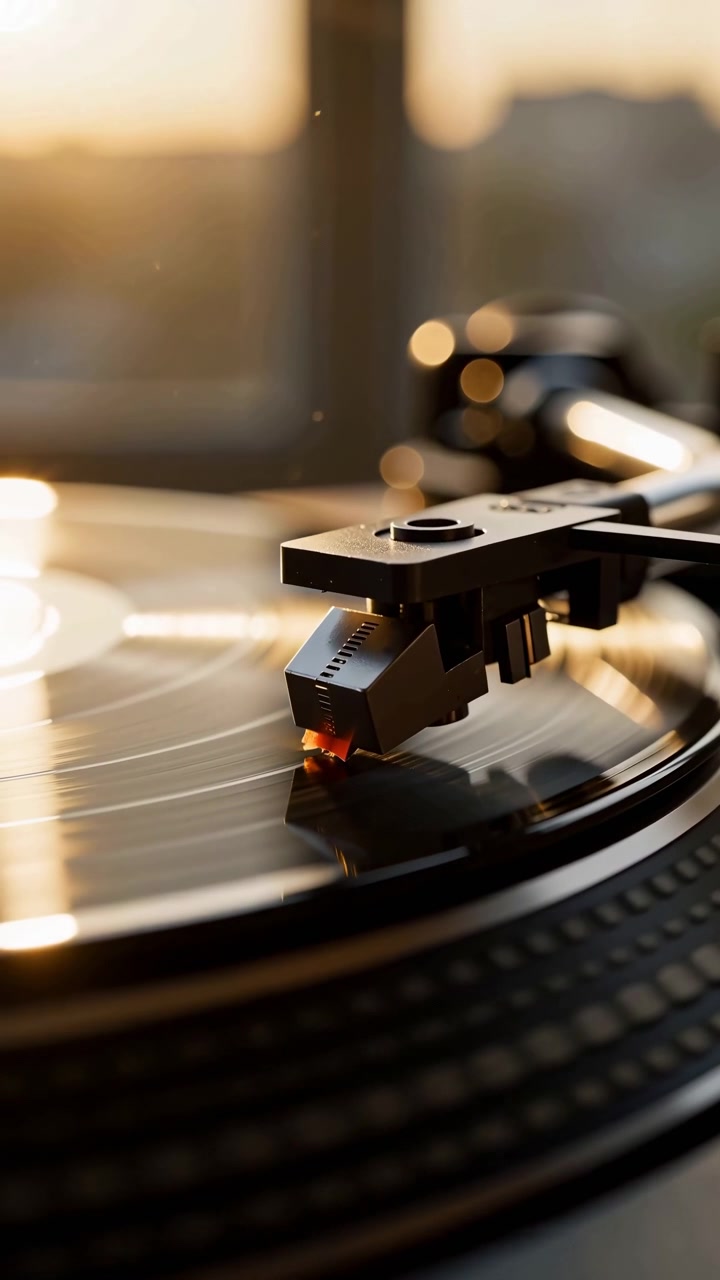 Vinylplatte dreht sich, während der Tonabnehmer in den Rillen unter sanftem Fensterlicht bleibt, wobei kreisförmige Bewegung, schwarze Oberflächenreflexionen, mechanische Details und eine Nahaufnahme der Wiedergabegeräte eingefangen werden