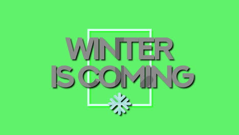 winter is coming in frame with snowflakes on green gradient