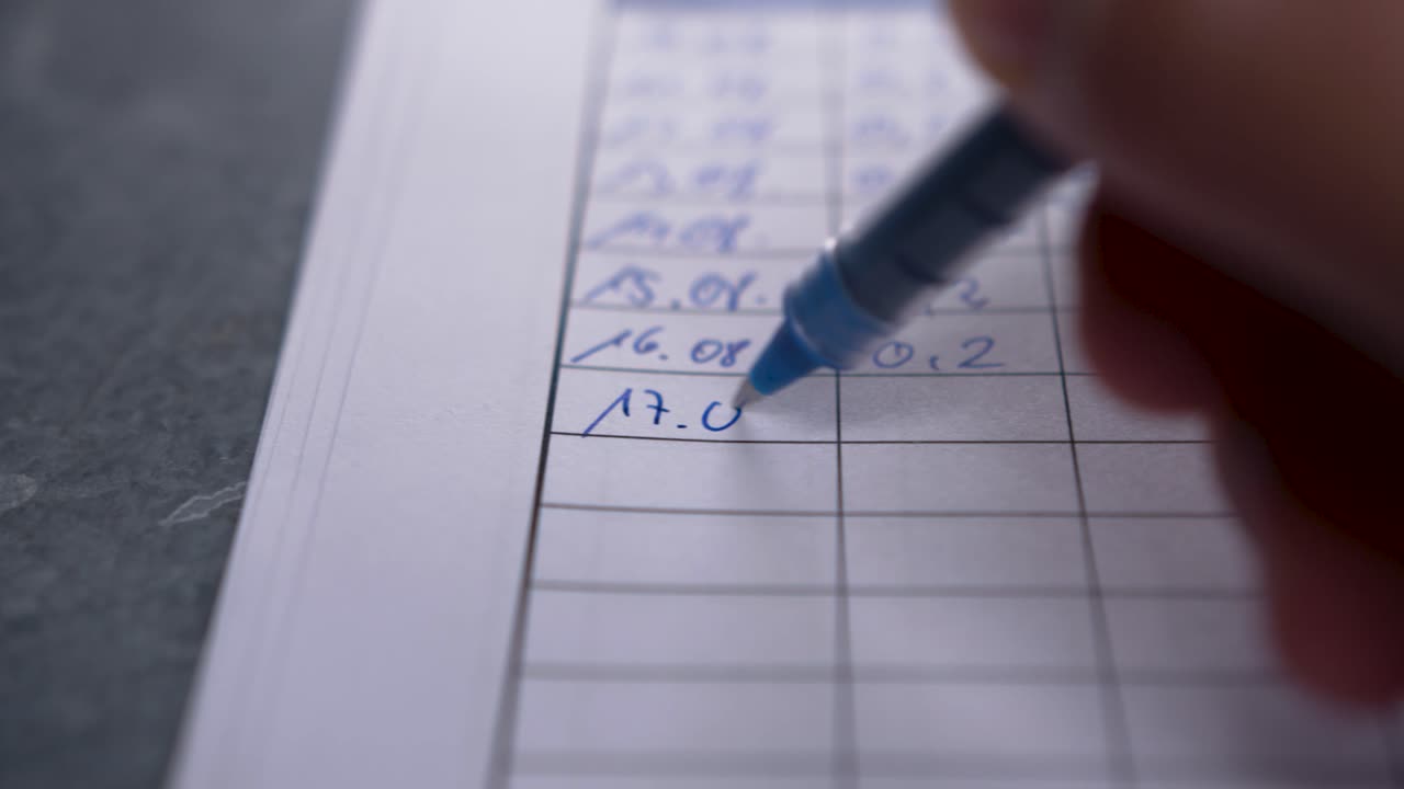 A scientist records quality values of water next to the current date manually with pen and paper