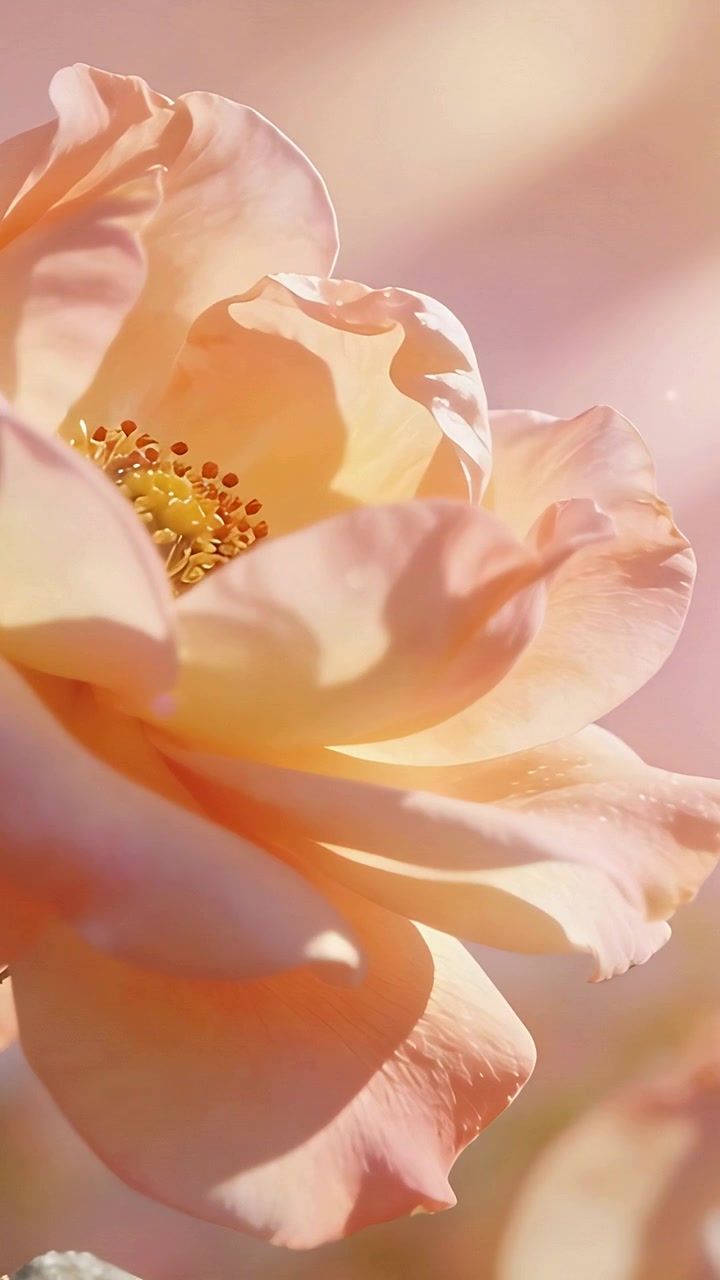 Video verticale: Il sole caldo illumina un bocciolo di rosa rosa pesca in giardino, facendo brillare i petali.