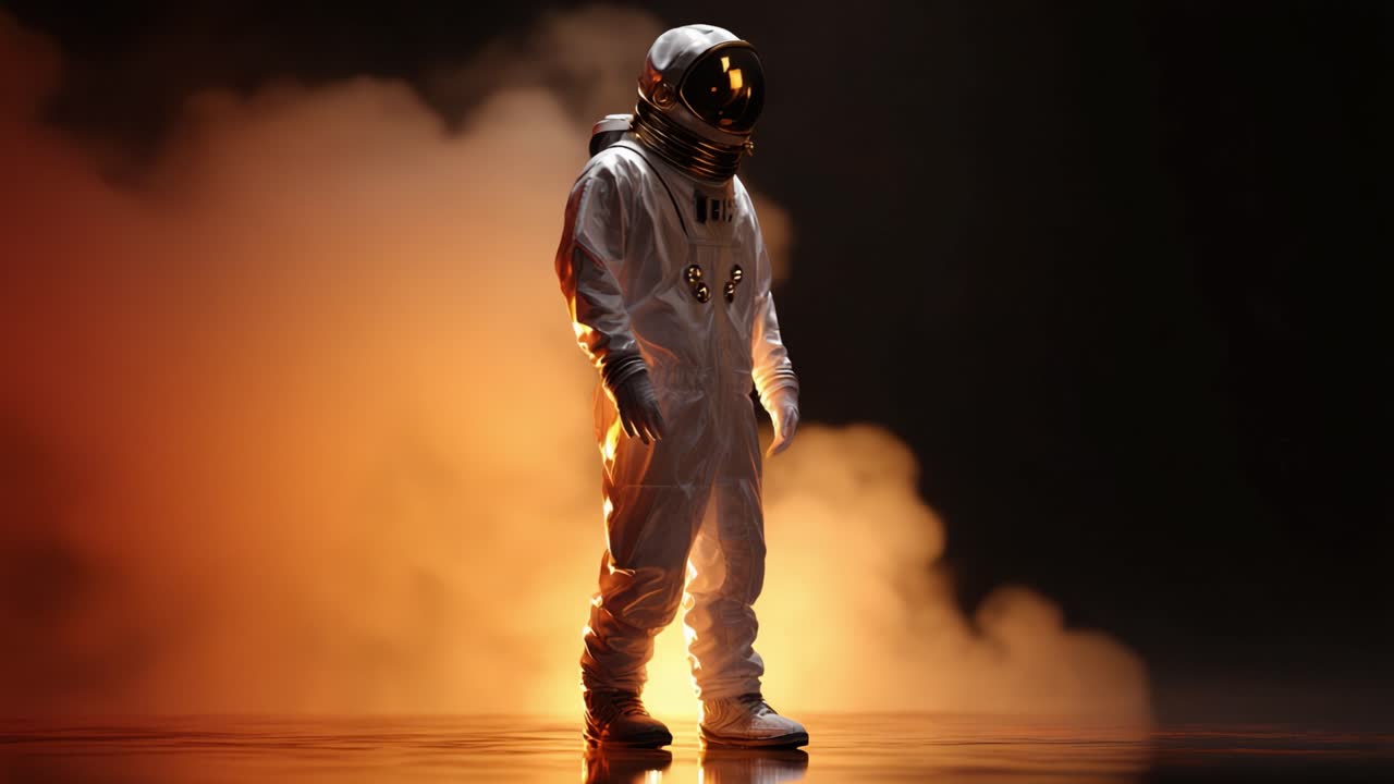 En ensom astronaut står selvsikkert i en dramatisk atmosfære oplyst af varme toner, der legemliggør udforskningens ånd og rummets mysterier
