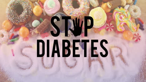 animation of stop diabetes text over glucometer and sweets