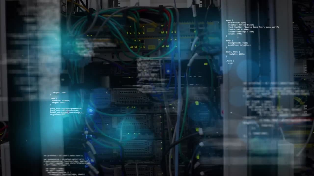 Animation of financial data processing over server room