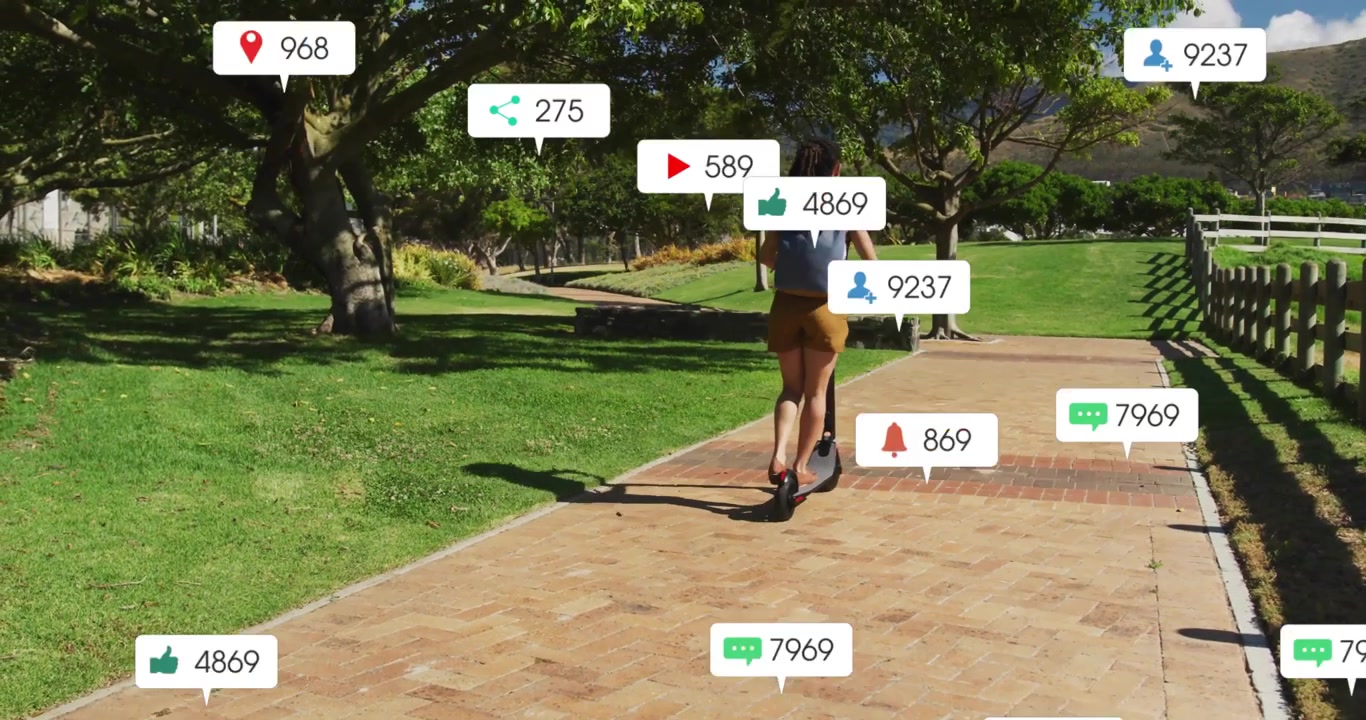 Woman starting scooter ride through park while icons popping, rising and retracting for marketing