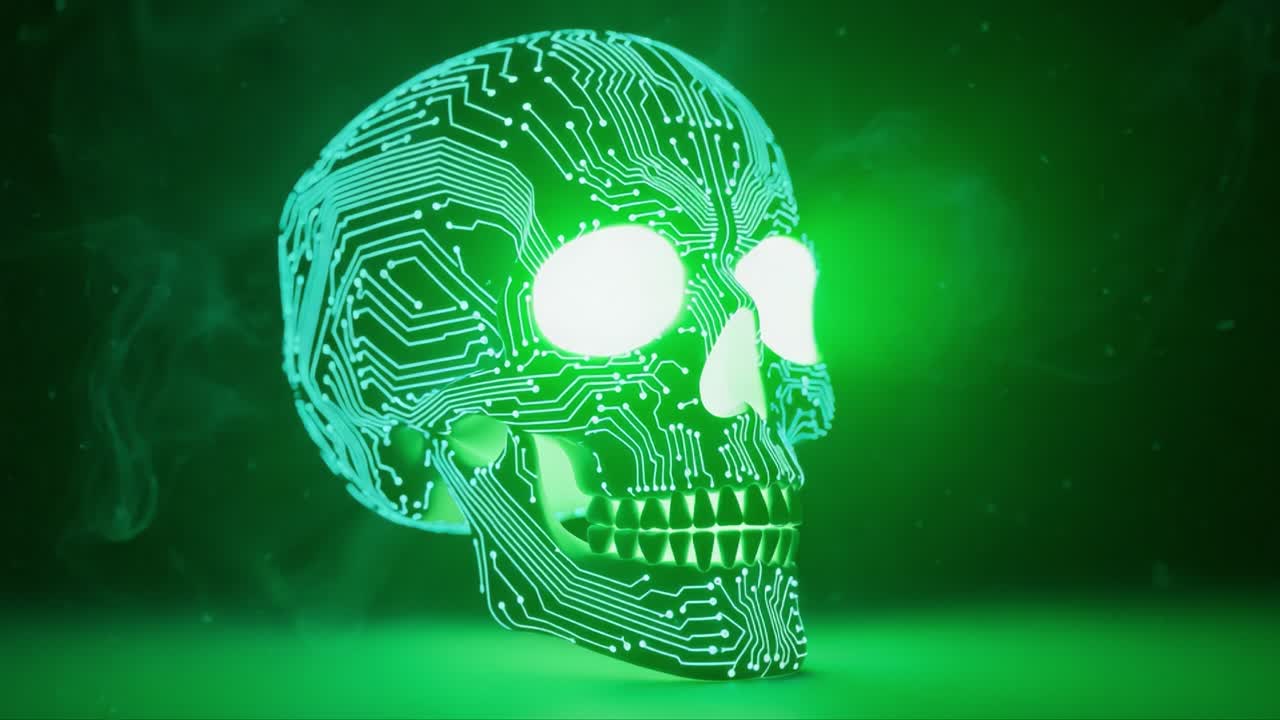 Futuristic Digital Skull Illuminated by Neon Green Light, Showcasing Intricate Circuit Board Patterns Against a Dark Background